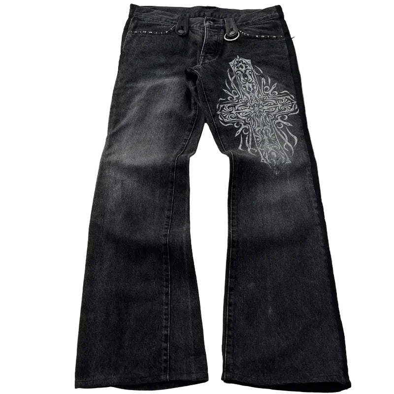 Cross print bootcut denim